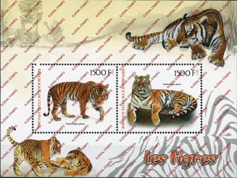Ivory Coast 2017 Tigers Illegal Stamp Souvenir Sheet of 2 Ivory Coast 2017 Tigers Illegal Stamp Souvenir Sheet of 2