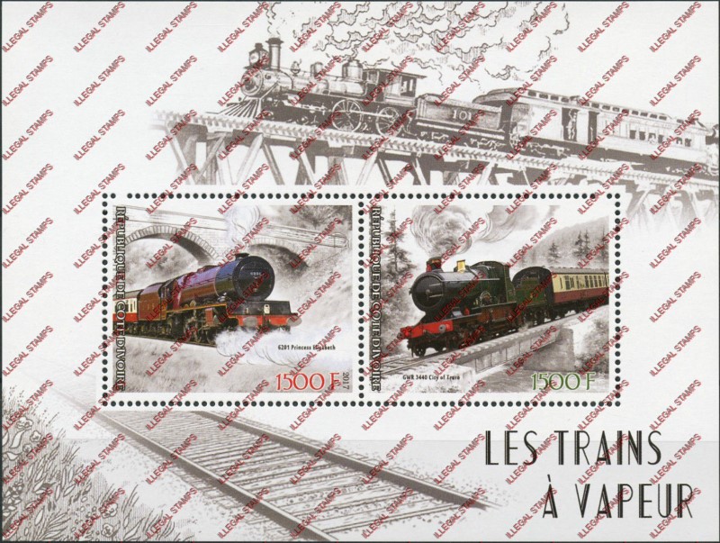 Ivory Coast 2017 Trains Illegal Stamp Souvenir Sheet of 2 Ivory Coast 2017 Trains Illegal Stamp Souvenir Sheet of 2