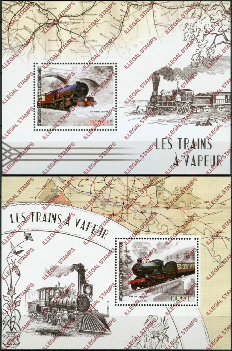 Ivory Coast 2017 Trains Illegal Stamp Souvenir Sheets of 1 Ivory Coast 2017 Trains Illegal Stamp Souvenir Sheets of 1