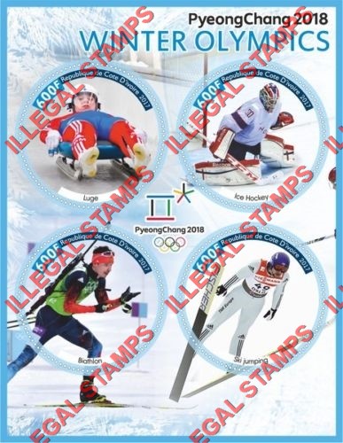 Ivory Coast 2017 Winter Olympics PyeongChang 2018 Illegal Stamp Souvenir Sheet of 4 Ivory Coast 2017 Winter Olympics PyeongChang 2018 Illegal Stamp Souvenir Sheet of 4