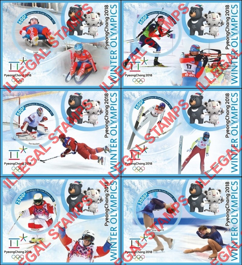 Ivory Coast 2017 Winter Olympics PyeongChang 2018 Illegal Stamp Souvenir Sheets of 1 Ivory Coast 2017 Winter Olympics PyeongChang 2018 Illegal Stamp Souvenir Sheets of 1