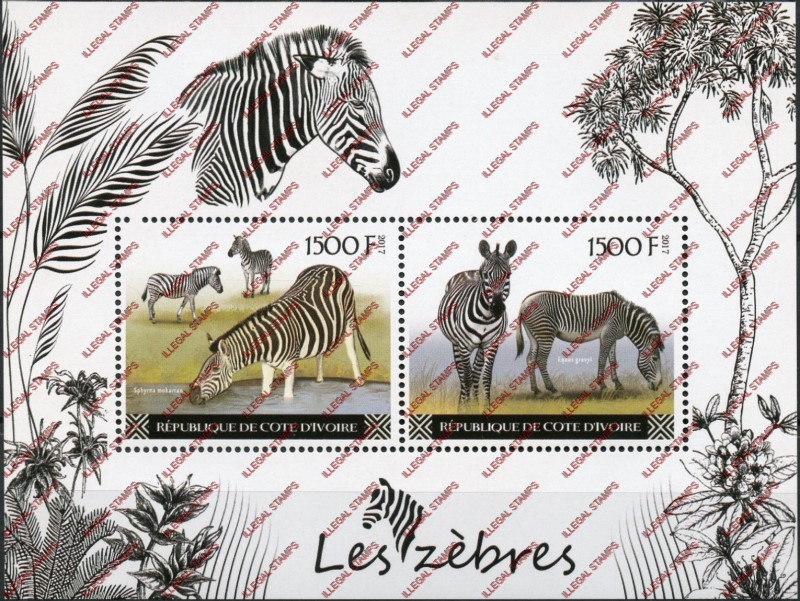 Ivory Coast 2017 Zebras Illegal Stamp Souvenir Sheet of 2 Ivory Coast 2017 Zebras Illegal Stamp Souvenir Sheet of 2