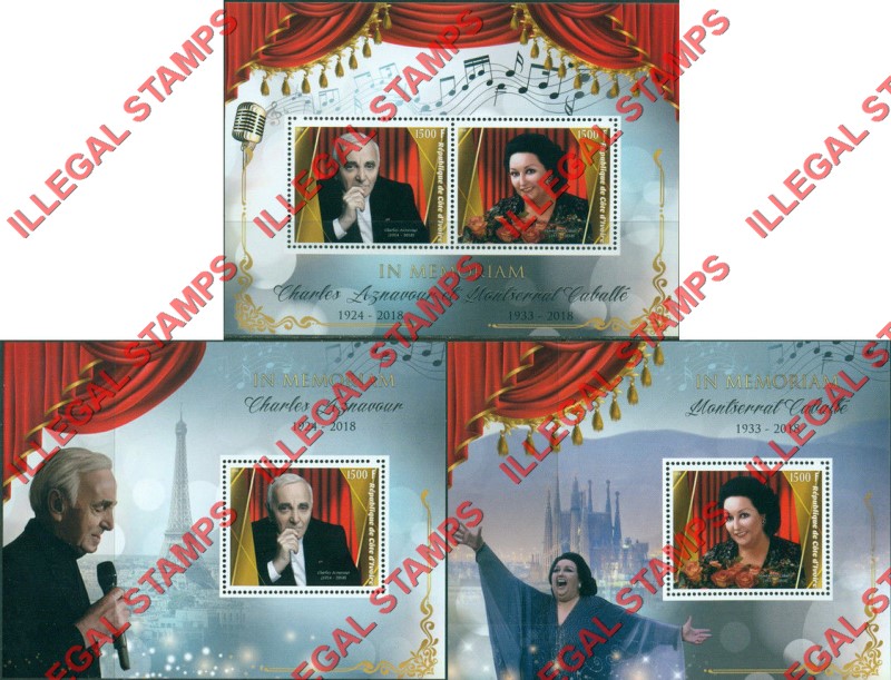 Ivory Coast 2018 Anniversaries Death of Charles Aznavour Illegal Stamp Souvenir Sheets of 2 and 1