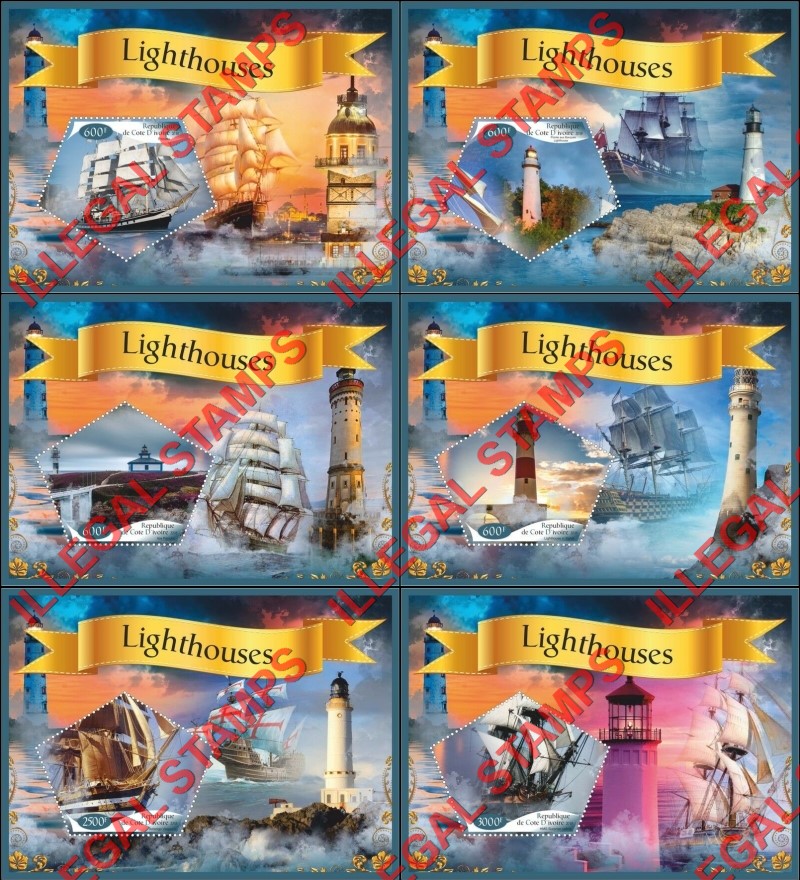 Ivory Coast 2018 Lighthouses and Sailing Ships Illegal Stamp Souvenir Sheets of 1