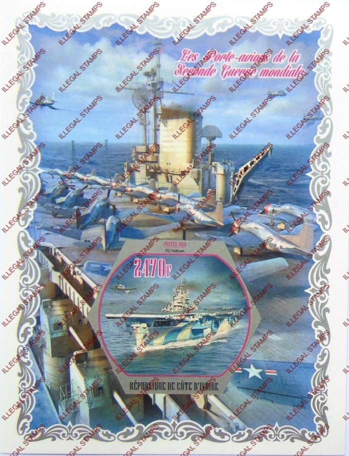 Ivory Coast 2018 World War 2 Aircraft Carriers Illegal Stamp Souvenir Sheet of 1