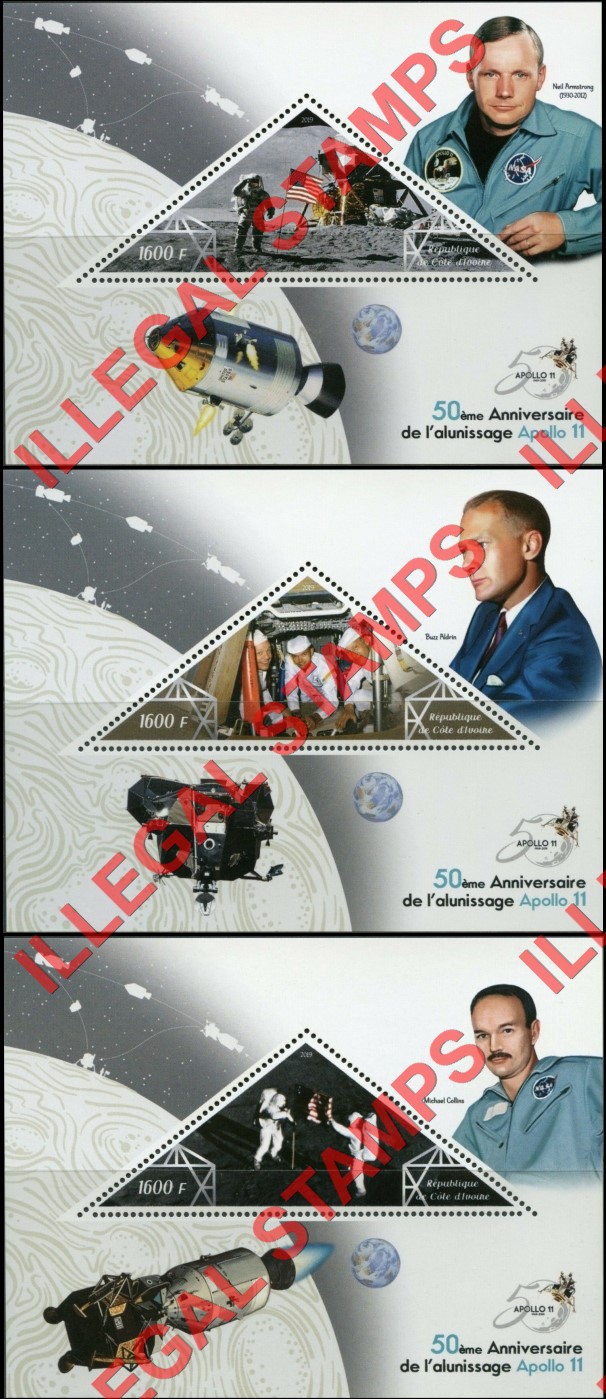 Ivory Coast 2019 Apollo 11 Moonlanding Illegal Stamp Souvenir Sheets of 1 Ivory Coast 2019 Apollo 11 Moonlanding Illegal Stamp Souvenir Sheets of 1