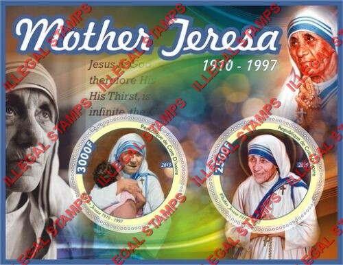 Ivory Coast 2019 Mother Teresa Illegal Stamp Souvenir Sheet of 2 Ivory Coast 2019 Mother Teresa Illegal Stamp Souvenir Sheet of 2