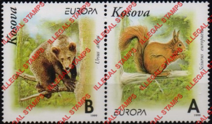 Kosovo 1999 Inscribed Kosova Bear and Squirrel EUROPA Counterfeit Illegal Stamp Pair Kosovo 1999 Inscribed Kosova Bear and Squirrel EUROPA Counterfeit Illegal Stamp Pair