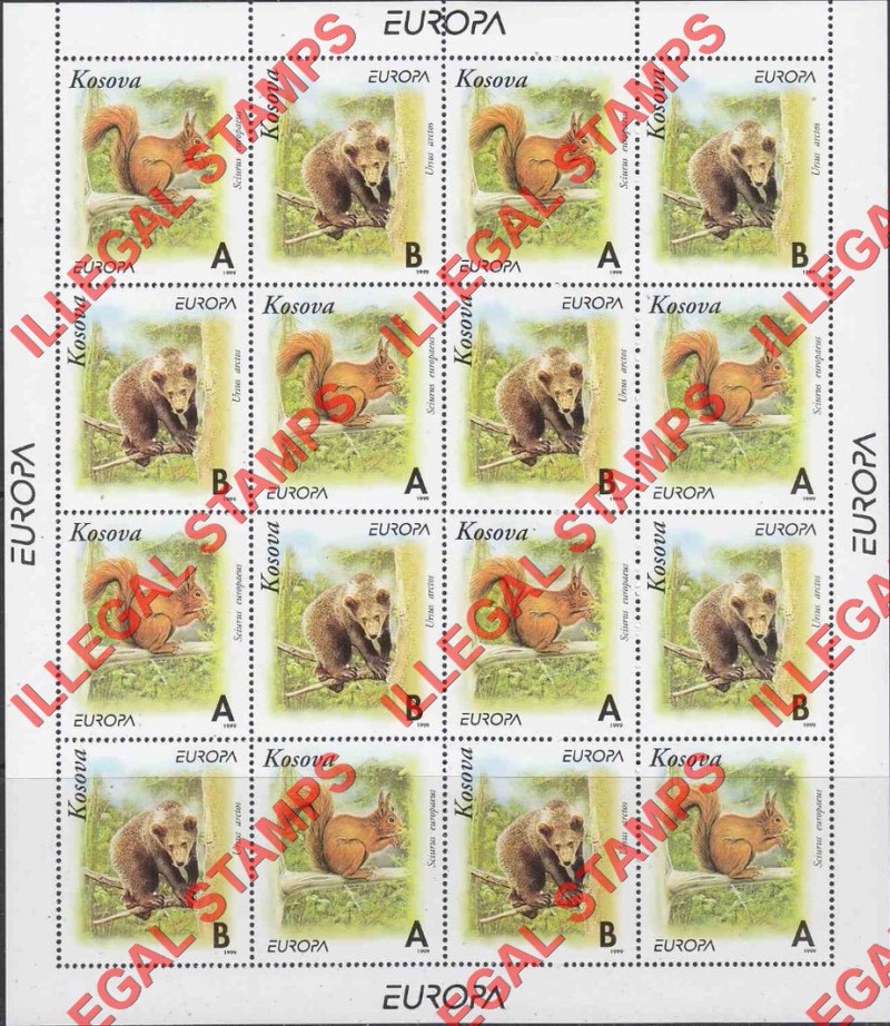 Kosovo 1999 Inscribed Kosova Bear and Squirrel EUROPA Counterfeit Illegal Stamp Souvenir Sheet of 16 Kosovo 1999 Inscribed Kosova Bear and Squirrel EUROPA Counterfeit Illegal Stamp Souvenir Sheet of 16
