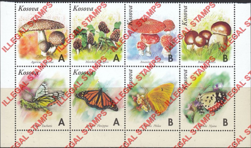 Kosovo 1999 Inscribed Kosova Butterflies Mushrooms Counterfeit Illegal Stamp Strips of 4 Pane Example Kosovo 1999 Inscribed Kosova Butterflies Mushrooms Counterfeit Illegal Stamp Strips of 4 Pane Example