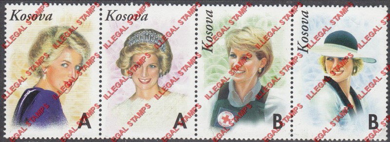 Kosovo 1999 Inscribed Kosova Princess Diana Counterfeit Illegal Stamp Strip of 4 Kosovo 1999 Inscribed Kosova Princess Diana Counterfeit Illegal Stamp Strip of 4