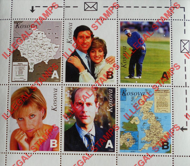 Kosovo 1999 Inscribed Kosova Diana Royalty and Maps Counterfeit Illegal Stamp Souvenir Sheet of 6 Kosovo 1999 Inscribed Kosova Diana Royalty and Maps Counterfeit Illegal Stamp Souvenir Sheet of 6