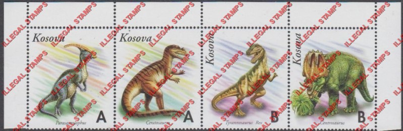 Kosovo 1999 Inscribed Kosova Dinosaurs Counterfeit Illegal Stamp Strip of 4 Kosovo 1999 Inscribed Kosova Dinosaurs Counterfeit Illegal Stamp Strip of 4