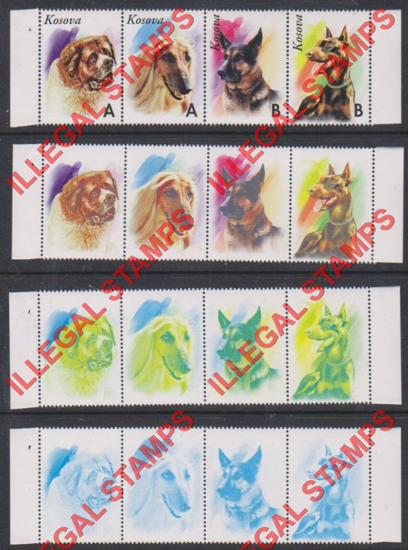 Kosovo 1999 Inscribed Kosova Dogs Counterfeit Illegal Stamp Strips of 4 Color Proof Set Kosovo 1999 Inscribed Kosova Dogs Counterfeit Illegal Stamp Strips of 4 Color Proof Set