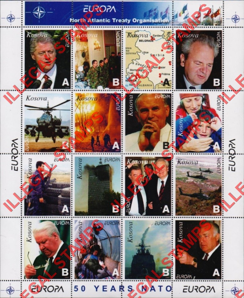 Kosovo 1999 Inscribed Kosova EUROPE 50 Years of NATO Counterfeit Illegal Stamp Souvenir Sheet of 16 (Sheet 1) Kosovo 1999 Inscribed Kosova EUROPE 50 Years of NATO Counterfeit Illegal Stamp Souvenir Sheet of 16 (Sheet 1)