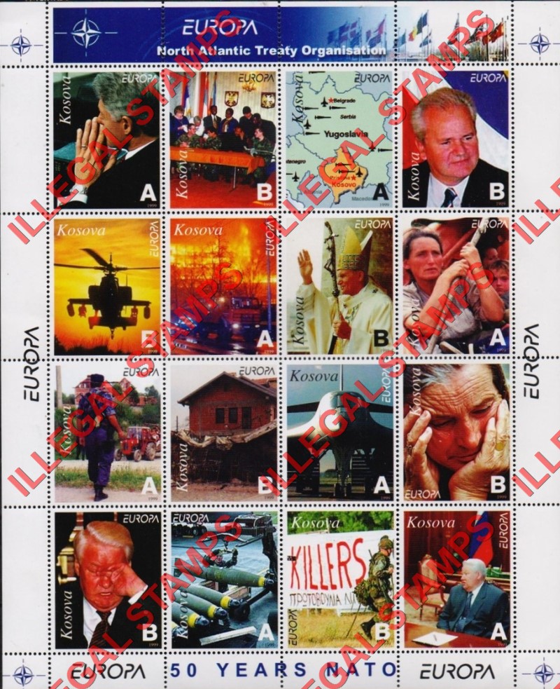 Kosovo 1999 Inscribed Kosova EUROPE 50 Years of NATO Counterfeit Illegal Stamp Souvenir Sheet of 16 (Sheet 2) Kosovo 1999 Inscribed Kosova EUROPE 50 Years of NATO Counterfeit Illegal Stamp Souvenir Sheet of 16 (Sheet 2)