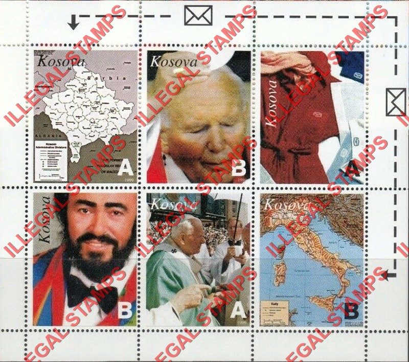 Kosovo 1999 Inscribed Kosova Pope and Maps Counterfeit Illegal Stamp Souvenir Sheet of 6 Kosovo 1999 Inscribed Kosova Pope and Maps Counterfeit Illegal Stamp Souvenir Sheet of 6