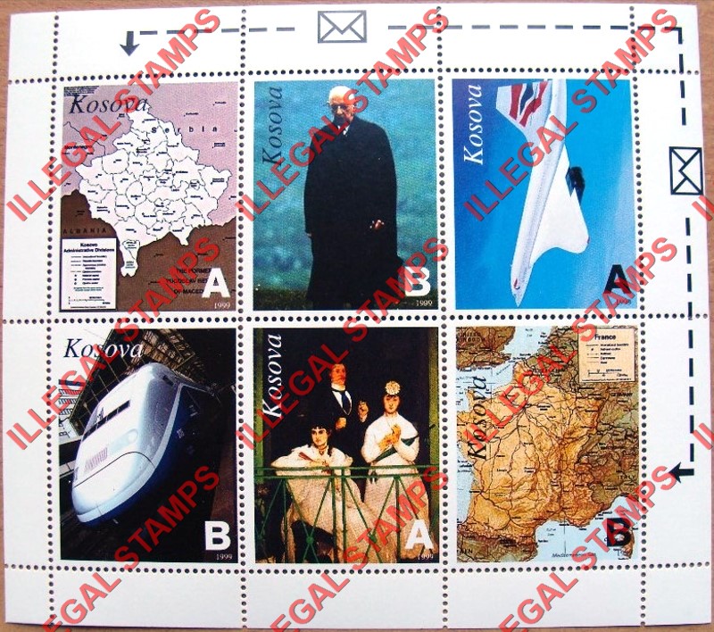 Kosovo 1999 Inscribed Kosova Train de Gaulle and Maps Counterfeit Illegal Stamp Souvenir Sheet of 6 Kosovo 1999 Inscribed Kosova Train de Gaulle and Maps Counterfeit Illegal Stamp Souvenir Sheet of 6