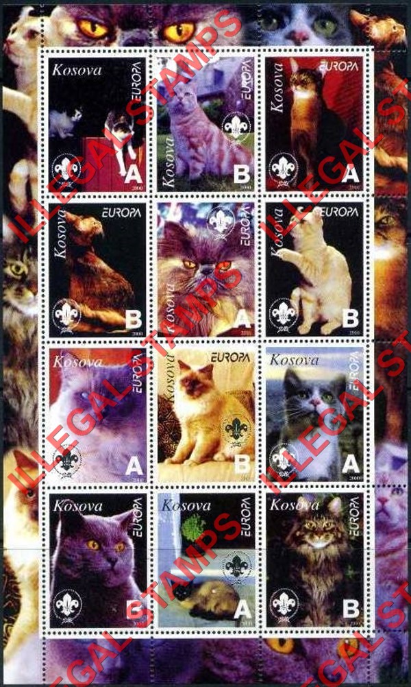 Kosovo 2000 Inscribed Kosova Cats Counterfeit Illegal Stamp Souvenir Sheet of 12 Kosovo 2000 Inscribed Kosova Cats Counterfeit Illegal Stamp Souvenir Sheet of 12