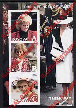 Kosovo 2000 Inscribed Kosova Princess Diana Counterfeit Illegal Stamp Souvenir Sheet of 3 Kosovo 2000 Inscribed Kosova Princess Diana Counterfeit Illegal Stamp Souvenir Sheet of 3