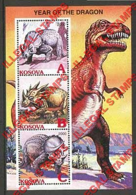 Kosovo 2000 Inscribed Kosova Dinosaurs Year of the Dragon Counterfeit Illegal Stamp Souvenir Sheet of 3 Kosovo 2000 Inscribed Kosova Dinosaurs Year of the Dragon Counterfeit Illegal Stamp Souvenir Sheet of 3