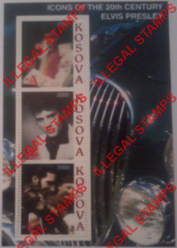 Kosovo 2000 Inscribed Kosova Elvis Presley Counterfeit Illegal Stamp Souvenir Sheet of 3 Kosovo 2000 Inscribed Kosova Elvis Presley Counterfeit Illegal Stamp Souvenir Sheet of 3