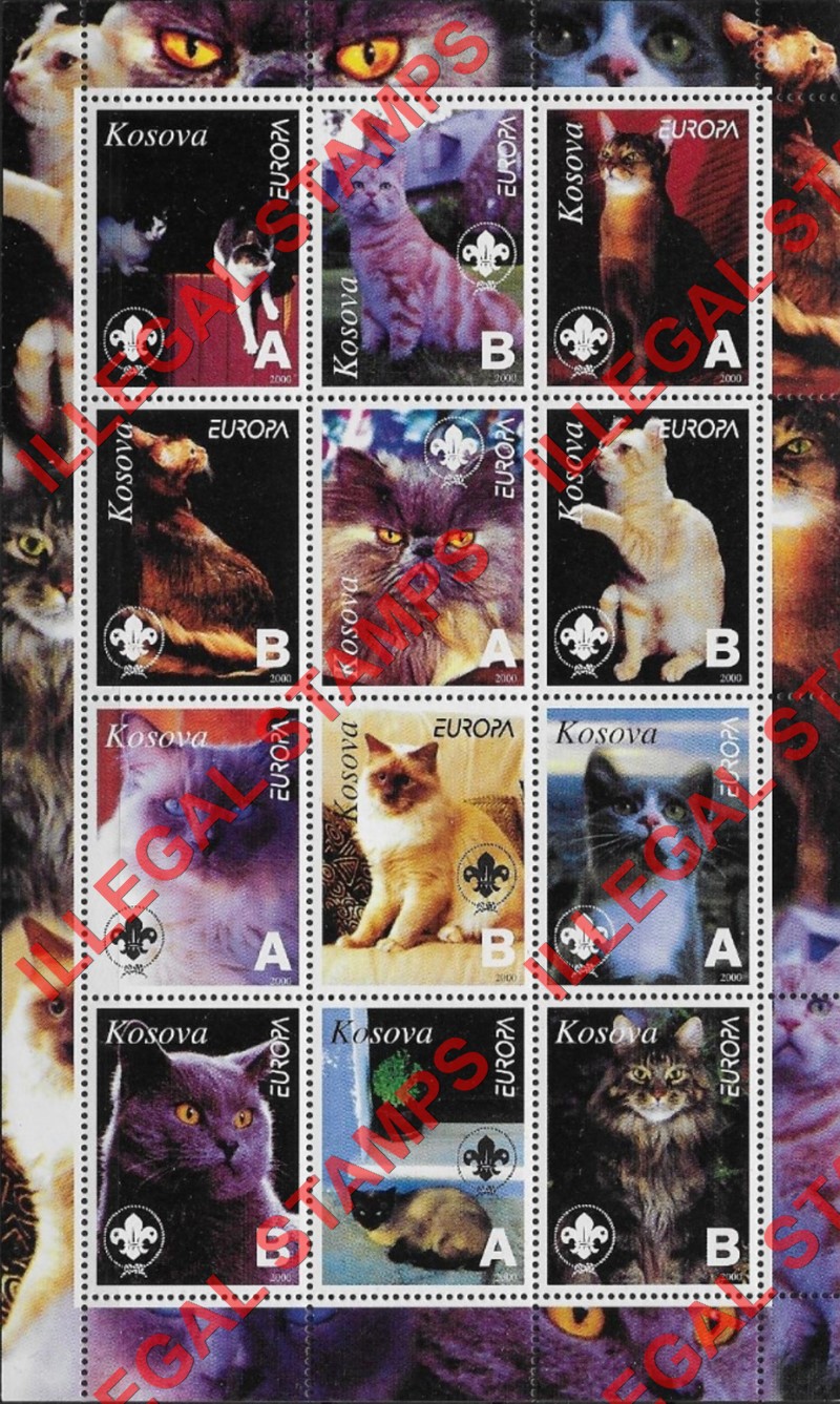 Kosovo 2000 Inscribed Kosova EUROPA Cats Counterfeit Illegal Stamp Souvenir Sheet of 12 Kosovo 2000 Inscribed Kosova EUROPA Cats Counterfeit Illegal Stamp Souvenir Sheet of 12