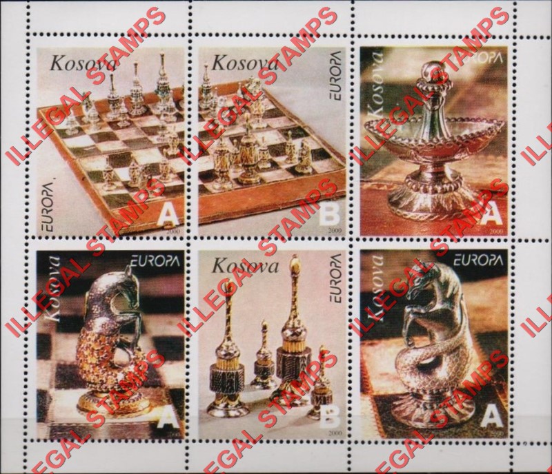 Kosovo 2000 Inscribed Kosova EUROPA Chess Counterfeit Illegal Stamp Souvenir Sheet of 6 Kosovo 2000 Inscribed Kosova EUROPA Chess Counterfeit Illegal Stamp Souvenir Sheet of 6