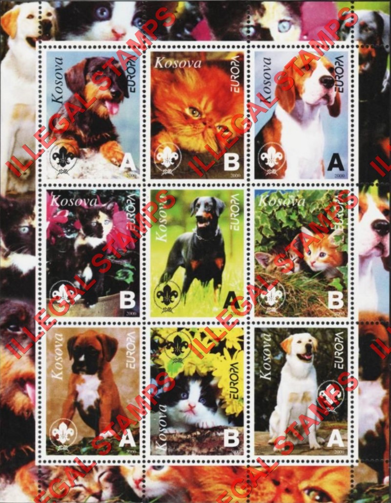 Kosovo 2000 Inscribed Kosova EUROPA Dogs and Cats Counterfeit Illegal Stamp Souvenir Sheet of 9 Kosovo 2000 Inscribed Kosova EUROPA Dogs and Cats Counterfeit Illegal Stamp Souvenir Sheet of 9