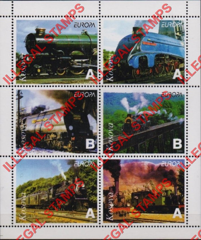 Kosovo 2000 Inscribed Kosova EUROPA Locomotives Counterfeit Illegal Stamp Souvenir Sheet of 6 Kosovo 2000 Inscribed Kosova EUROPA Locomotives Counterfeit Illegal Stamp Souvenir Sheet of 6