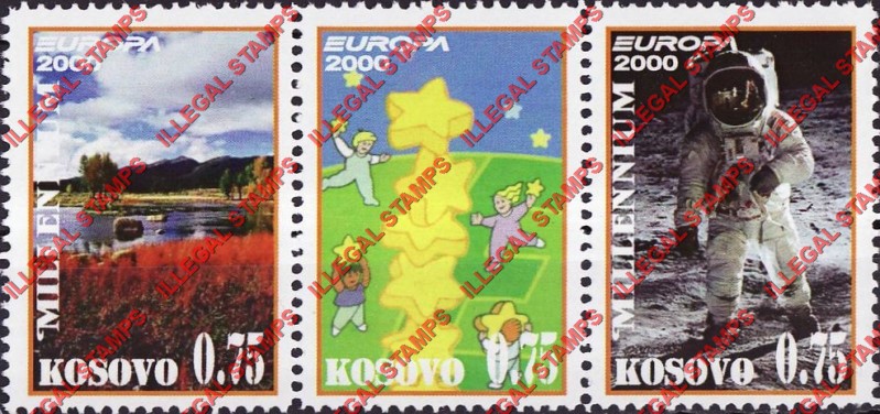 Kosovo 2000 Inscribed Kosova EUROPA Millennium Counterfeit Illegal Stamp Strip of 3 Kosovo 2000 Inscribed Kosova EUROPA Millennium Counterfeit Illegal Stamp Strip of 3