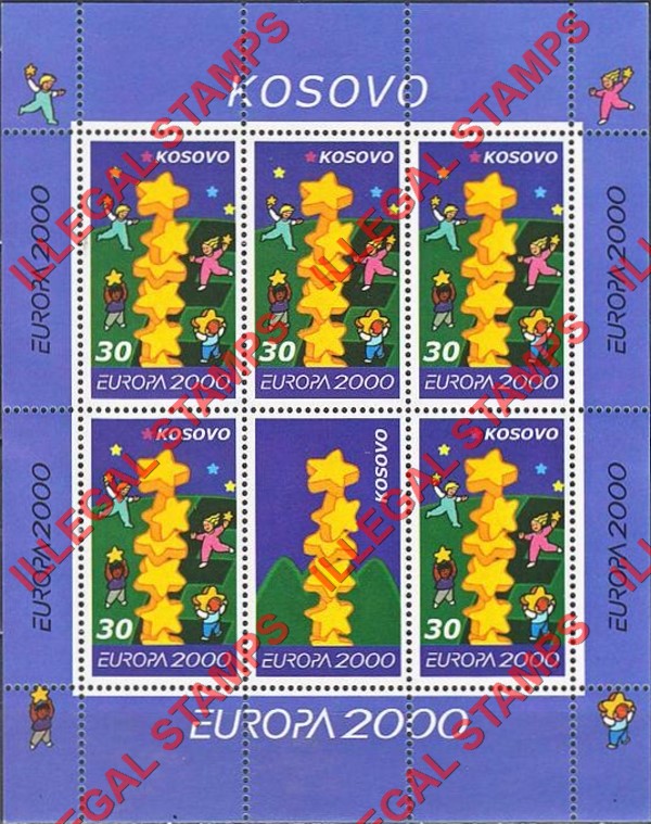 Kosovo 2000 Inscribed Kosova EUROPA Counterfeit Illegal Stamp Souvenir Sheet of 6 Kosovo 2000 Inscribed Kosova EUROPA Counterfeit Illegal Stamp Souvenir Sheet of 6
