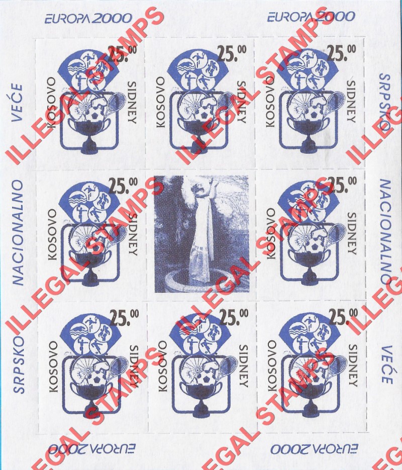 Kosovo 2000 EUROPA Sydney Olympics Counterfeit Illegal Stamp Souvenir Sheet of 8 Plus Label Kosovo 2000 EUROPA Sydney Olympics Counterfeit Illegal Stamp Souvenir Sheet of 8 Plus Label