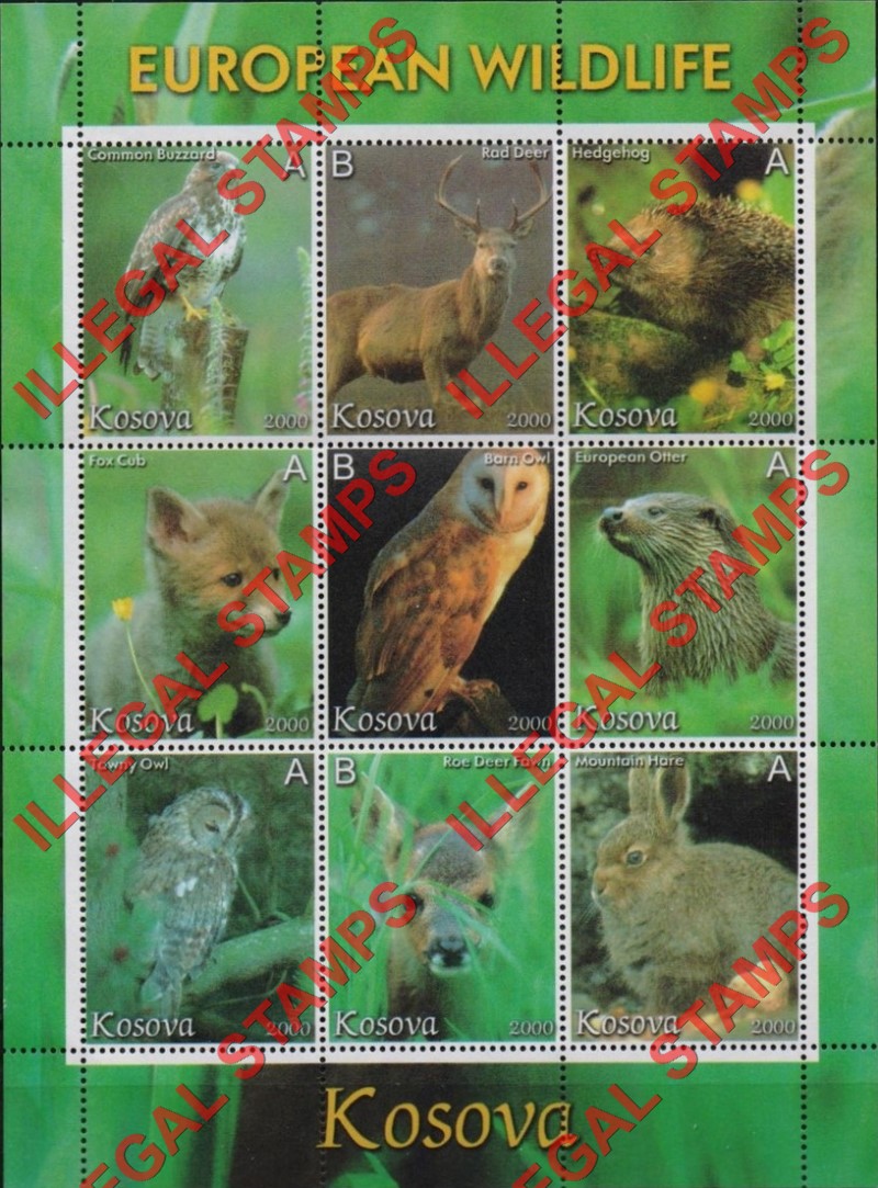 Kosovo 2000 Inscribed Kosova European Wildlife Counterfeit Illegal Stamp Souvenir Sheet of 9 Kosovo 2000 Inscribed Kosova European Wildlife Counterfeit Illegal Stamp Souvenir Sheet of 9