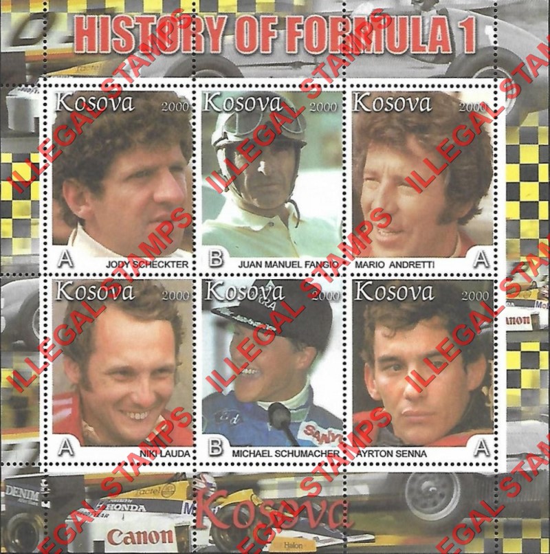 Kosovo 2000 Inscribed Kosova Formula I Drivers Counterfeit Illegal Stamp Souvenir Sheet of 6 Kosovo 2000 Inscribed Kosova Formula I Drivers Counterfeit Illegal Stamp Souvenir Sheet of 6