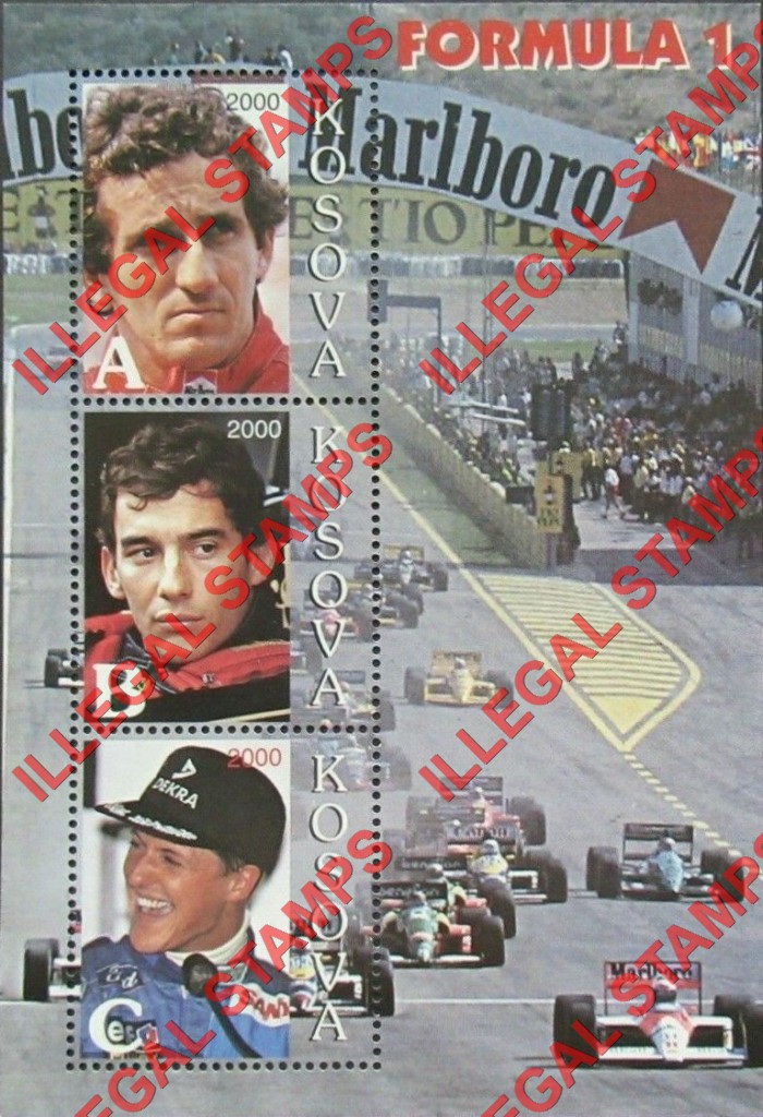Kosovo 2000 Inscribed Kosova Formula I Drivers Counterfeit Illegal Stamp Souvenir Sheet of 3 Kosovo 2000 Inscribed Kosova Formula I Drivers Counterfeit Illegal Stamp Souvenir Sheet of 3