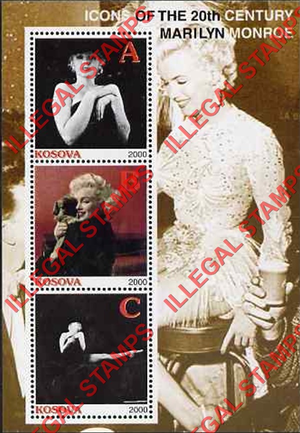 Kosovo 2000 Inscribed Kosova Marilyn Monroe Counterfeit Illegal Stamp Souvenir Sheet of 3 Kosovo 2000 Inscribed Kosova Marilyn Monroe Counterfeit Illegal Stamp Souvenir Sheet of 3