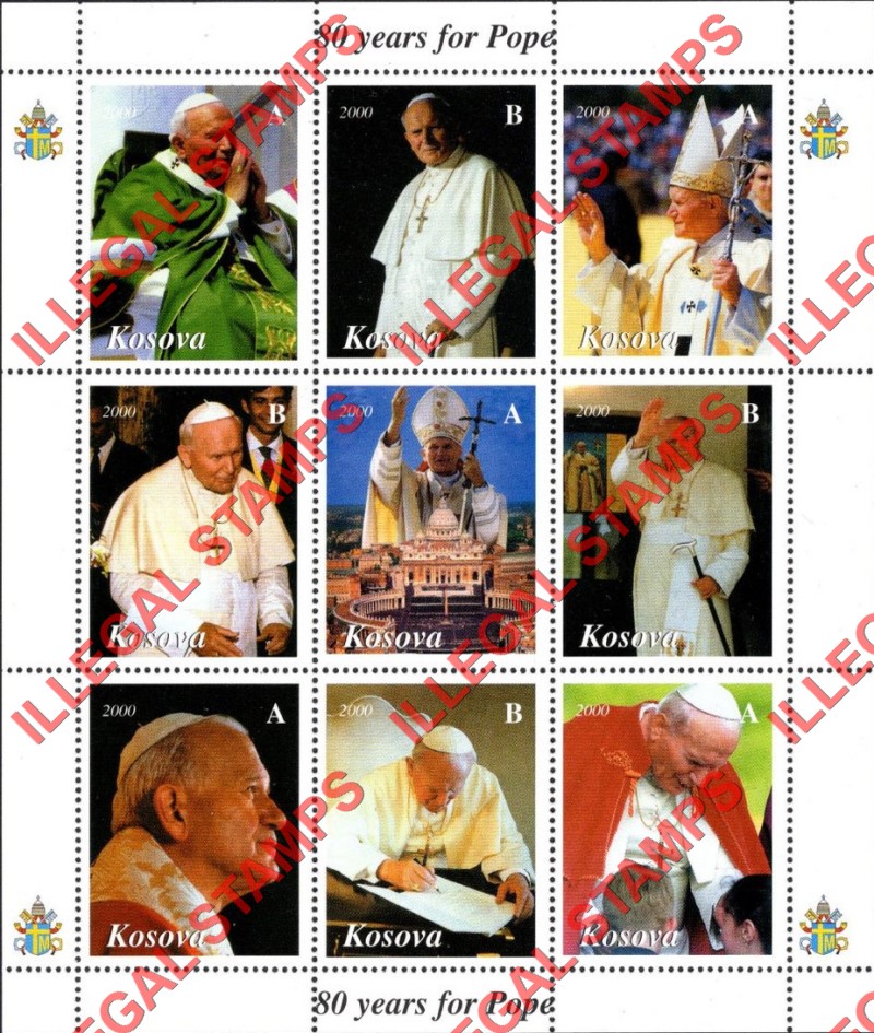 Kosovo 2000 Inscribed Kosova Pope John Paul II Counterfeit Illegal Stamp Souvenir Sheet of 9 Kosovo 2000 Inscribed Kosova Pope John Paul II Counterfeit Illegal Stamp Souvenir Sheet of 9