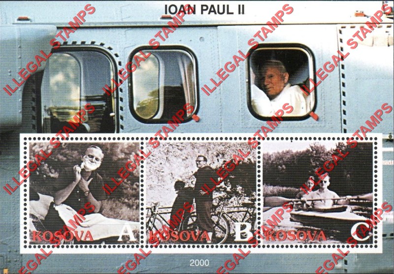 Kosovo 2000 Inscribed Kosova Pope John Paul II Counterfeit Illegal Stamp Souvenir Sheet of 3 (Sheet 1) Kosovo 2000 Inscribed Kosova Pope John Paul II Counterfeit Illegal Stamp Souvenir Sheet of 3 (Sheet 1)