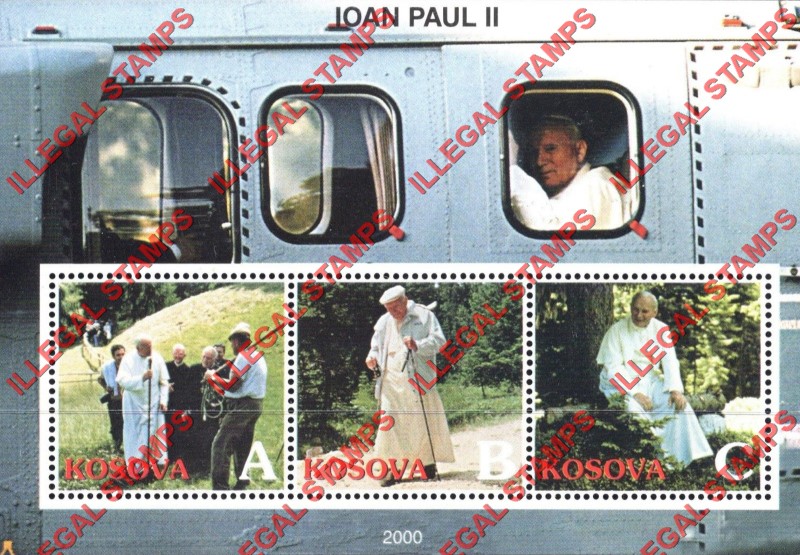 Kosovo 2000 Inscribed Kosova Pope John Paul II Counterfeit Illegal Stamp Souvenir Sheet of 3 (Sheet 2) Kosovo 2000 Inscribed Kosova Pope John Paul II Counterfeit Illegal Stamp Souvenir Sheet of 3 (Sheet 2)