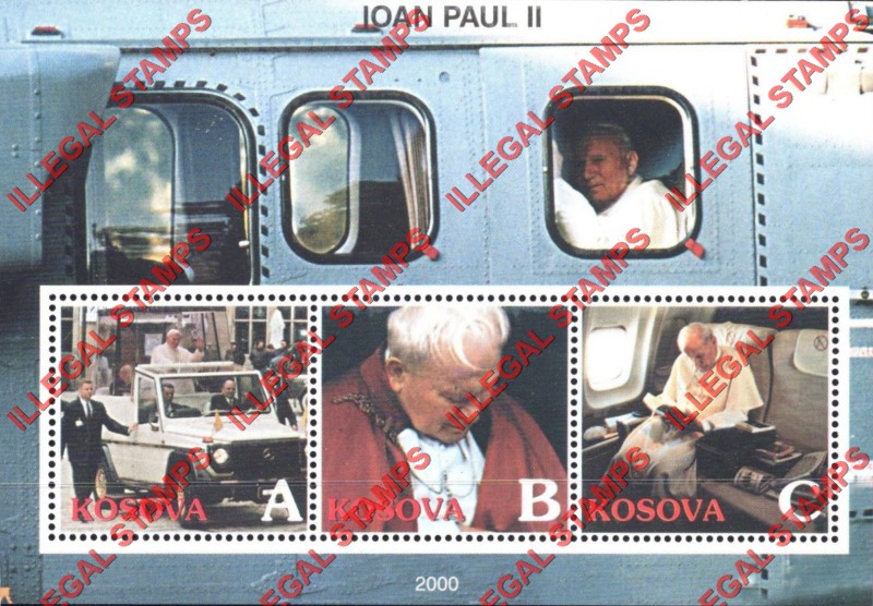 Kosovo 2000 Inscribed Kosova Pope John Paul II Counterfeit Illegal Stamp Souvenir Sheet of 3 (Sheet 3) Kosovo 2000 Inscribed Kosova Pope John Paul II Counterfeit Illegal Stamp Souvenir Sheet of 3 (Sheet 3)