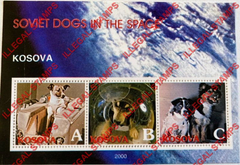 Kosovo 2000 Inscribed Kosova Soviet Dogs in Space Counterfeit Illegal Stamp Souvenir Sheet of 3 Kosovo 2000 Inscribed Kosova Soviet Dogs in Space Counterfeit Illegal Stamp Souvenir Sheet of 3
