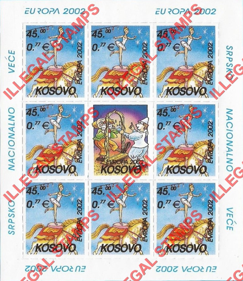 Kosovo 2002 EUROPA Circus Counterfeit Illegal Stamp Souvenir Sheet of 8 Plus Label (Sheet 1) Kosovo 2002 EUROPA Circus Counterfeit Illegal Stamp Souvenir Sheet of 8 Plus Label (Sheet 1)