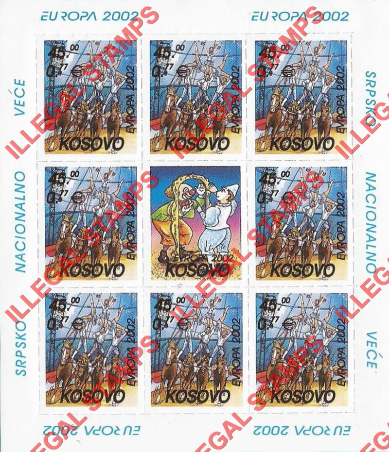 Kosovo 2002 EUROPA Circus Counterfeit Illegal Stamp Souvenir Sheet of 8 Plus Label (Sheet 2) Kosovo 2002 EUROPA Circus Counterfeit Illegal Stamp Souvenir Sheet of 8 Plus Label (Sheet 2)
