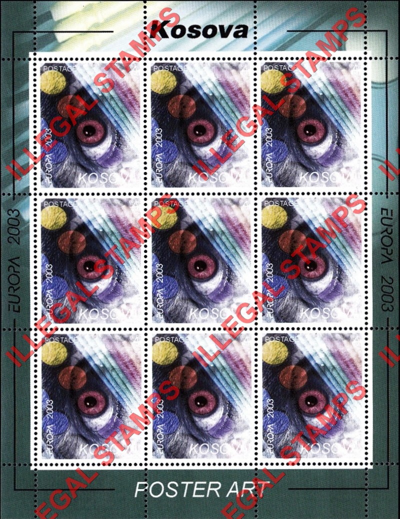 Kosovo 2003 EUROPA Poster Art Counterfeit Illegal Stamp Souvenir Sheet of 9 (Sheet 2) Kosovo 2003 EUROPA Poster Art Counterfeit Illegal Stamp Souvenir Sheet of 9 (Sheet 2)