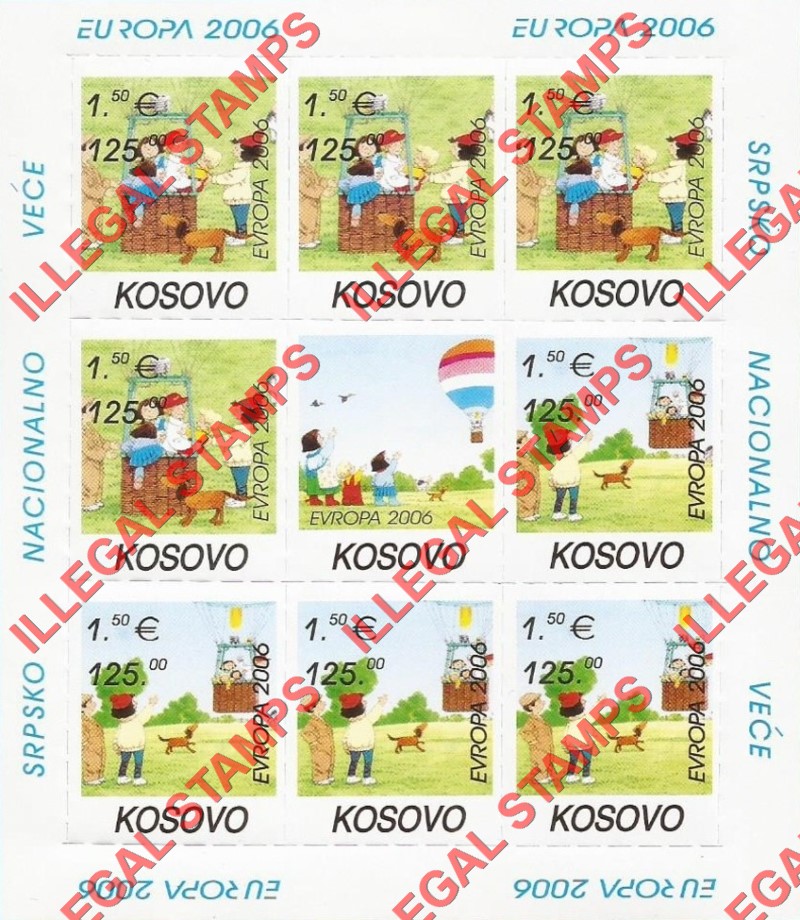 Kosovo 2006 EUROPA Hot Air Ballon Ride Counterfeit Illegal Stamp Souvenir Sheet of 8 Plus Label Kosovo 2006 EUROPA Hot Air Ballon Ride Counterfeit Illegal Stamp Souvenir Sheet of 8 Plus Label