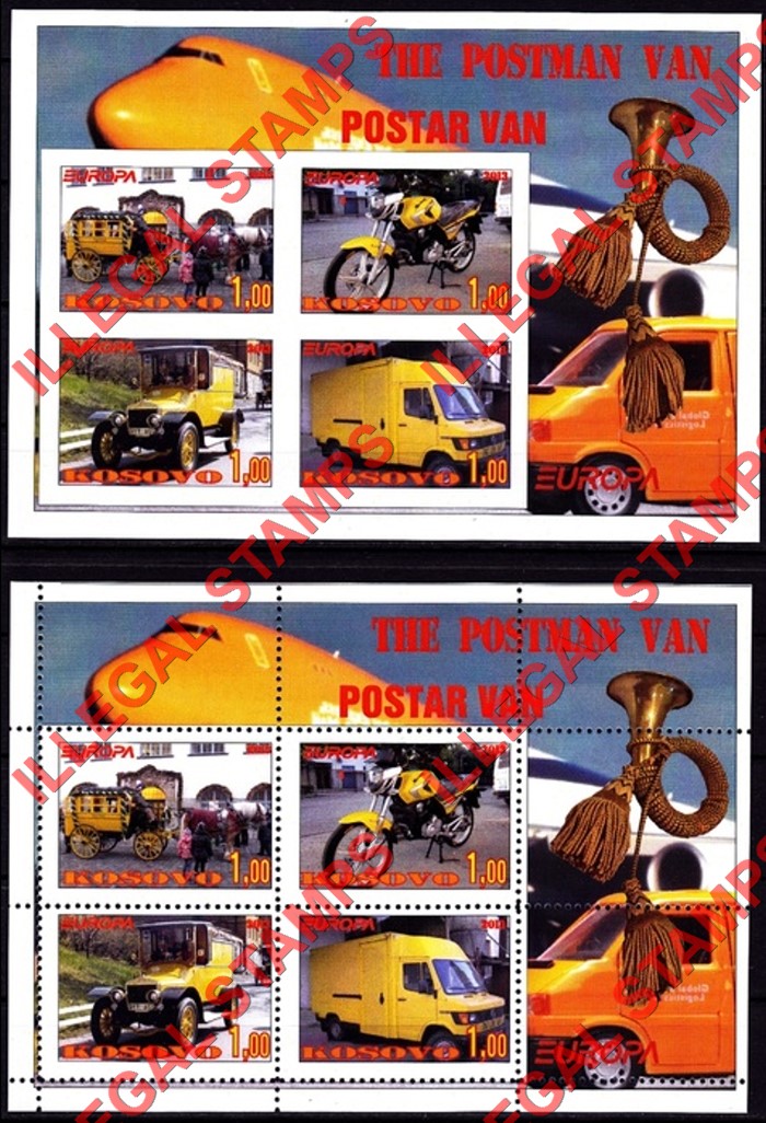 Kosovo 2013 EUROPA Postal Vehicles Counterfeit Illegal Stamp Souvenir Sheets of 4 Kosovo 2013 EUROPA Postal Vehicles Counterfeit Illegal Stamp Souvenir Sheets of 4