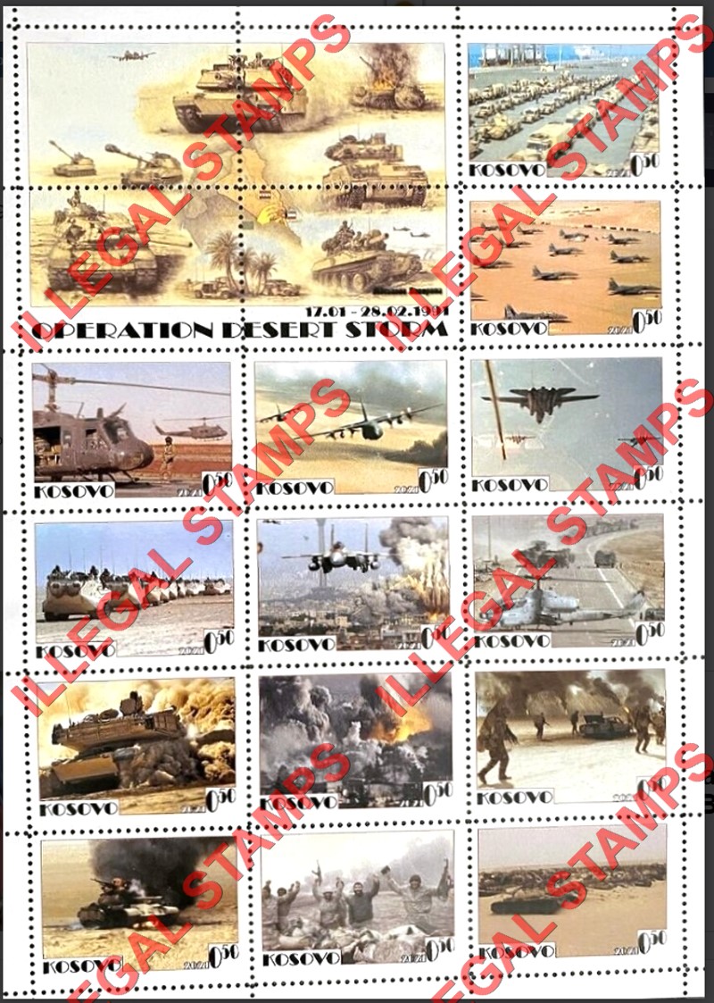Kosovo 2021 Operation Desert Storm in Iraq Counterfeit Illegal Stamp Sheet of 14 Plus 4 Labels Kosovo 2021 Operation Desert Storm in Iraq Counterfeit Illegal Stamp Sheet of 14 Plus 4 Labels