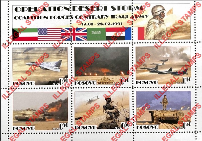 Kosovo 2021 Operation Desert Storm in Iraq Counterfeit Illegal Stamp Souvenir Sheet of 6 Kosovo 2021 Operation Desert Storm in Iraq Counterfeit Illegal Stamp Souvenir Sheet of 6