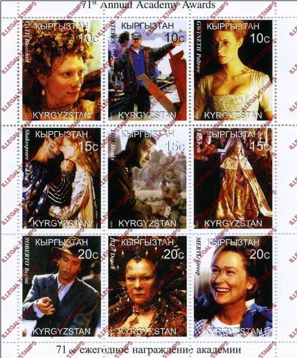 Kyrgyzstan 1999 71st Annual Academy Awards Illegal Stamp Sheetlet of Nine Kyrgyzstan 1999 71st Annual Academy Awards Illegal Stamp Sheetlet of Nine